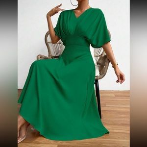 Elegant Classic Ruched Batwing Sleeve Dress Green